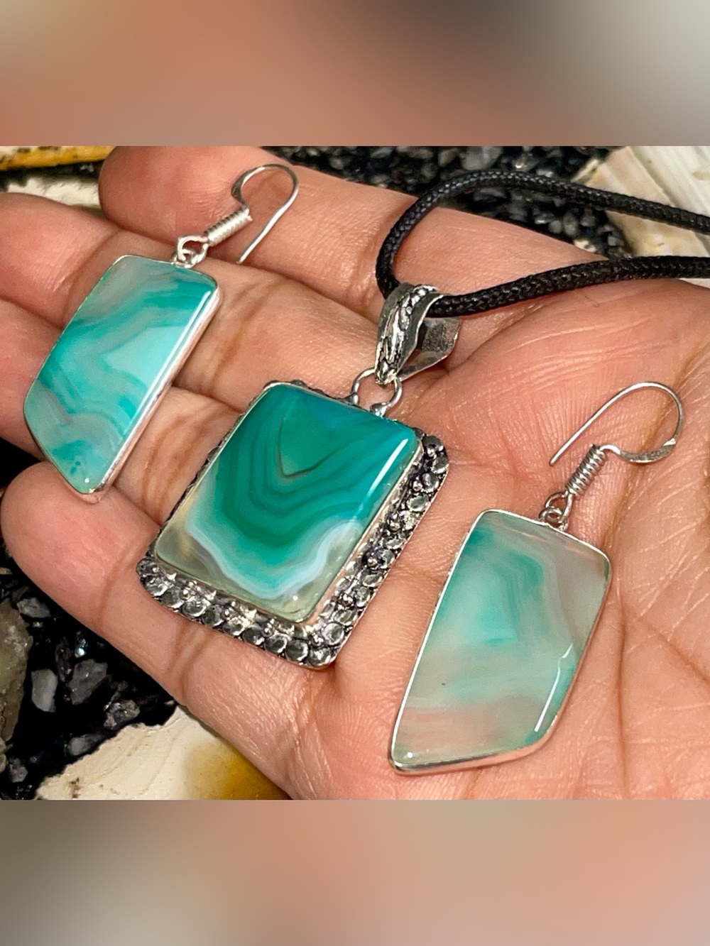 Light Green Botswana Agate Pendant & Earrings